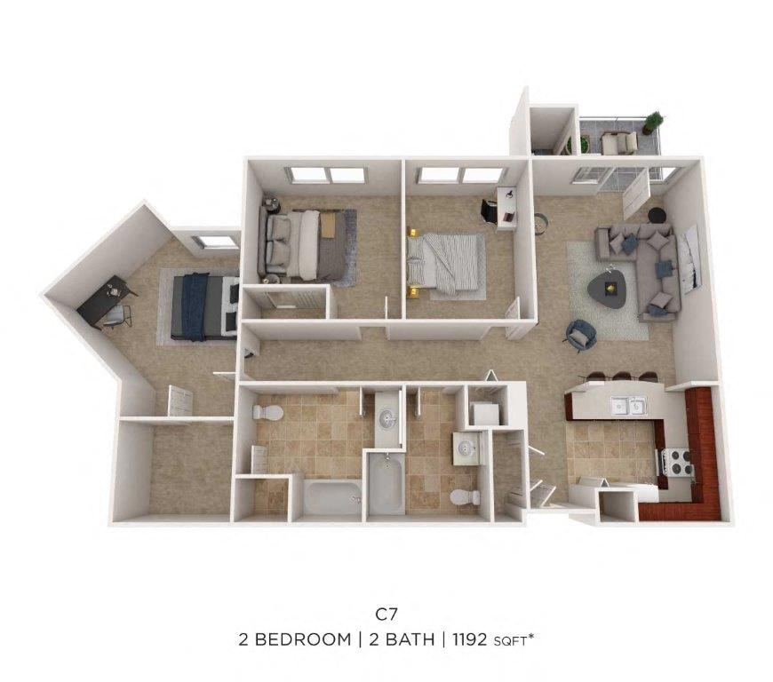 Floor plan for 2 beds, 2 baths, 1192 sqft
