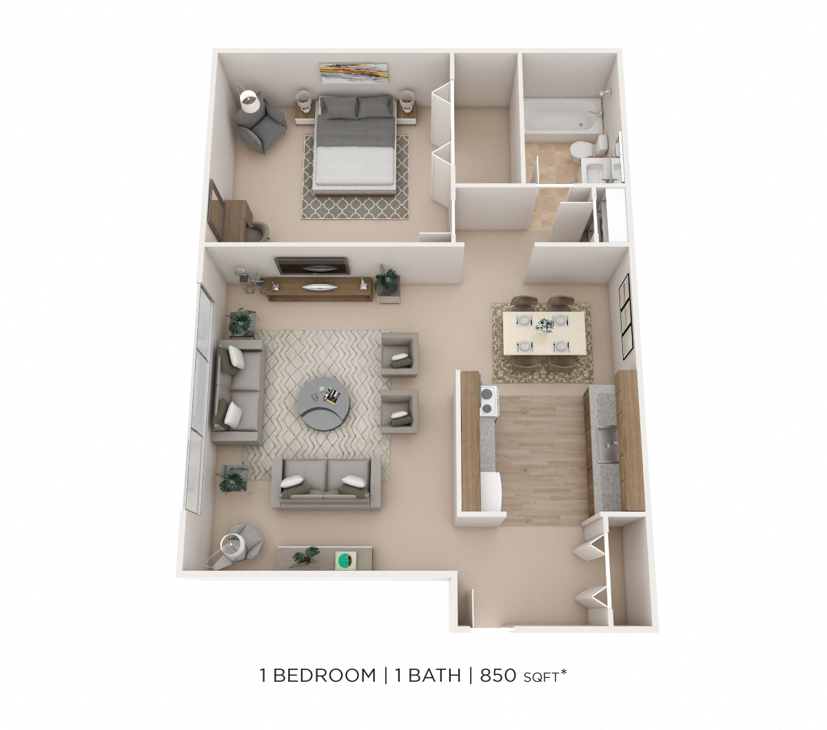 Floor plan for 1 bed, 1 bath, 850 sqft