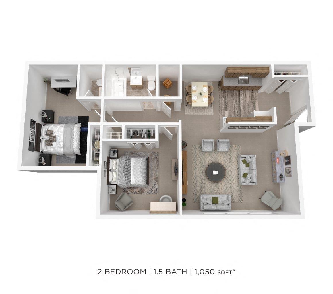 Floor plan for 2 beds, 1.5 baths, 1050 sqft