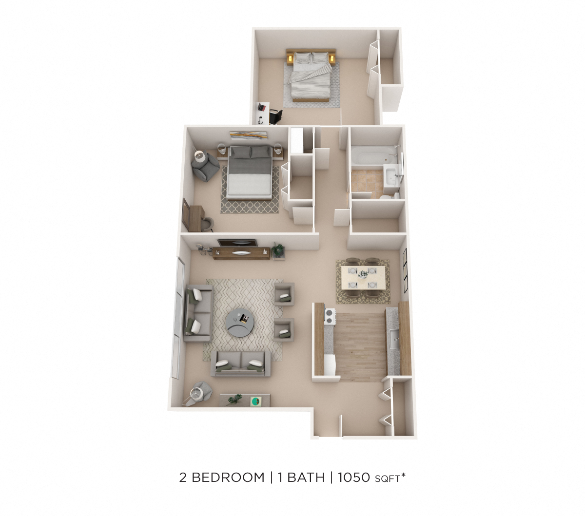 Floor plan for 2 beds, 1 bath, 1050 sqft