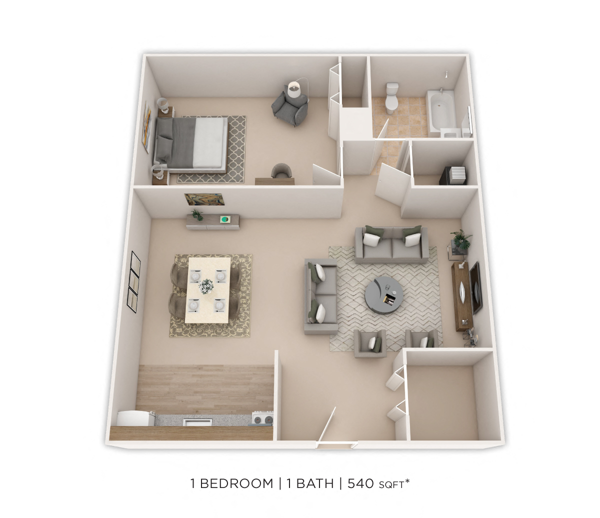 Floor plan for 1 bed, 1 bath, 540 sqft