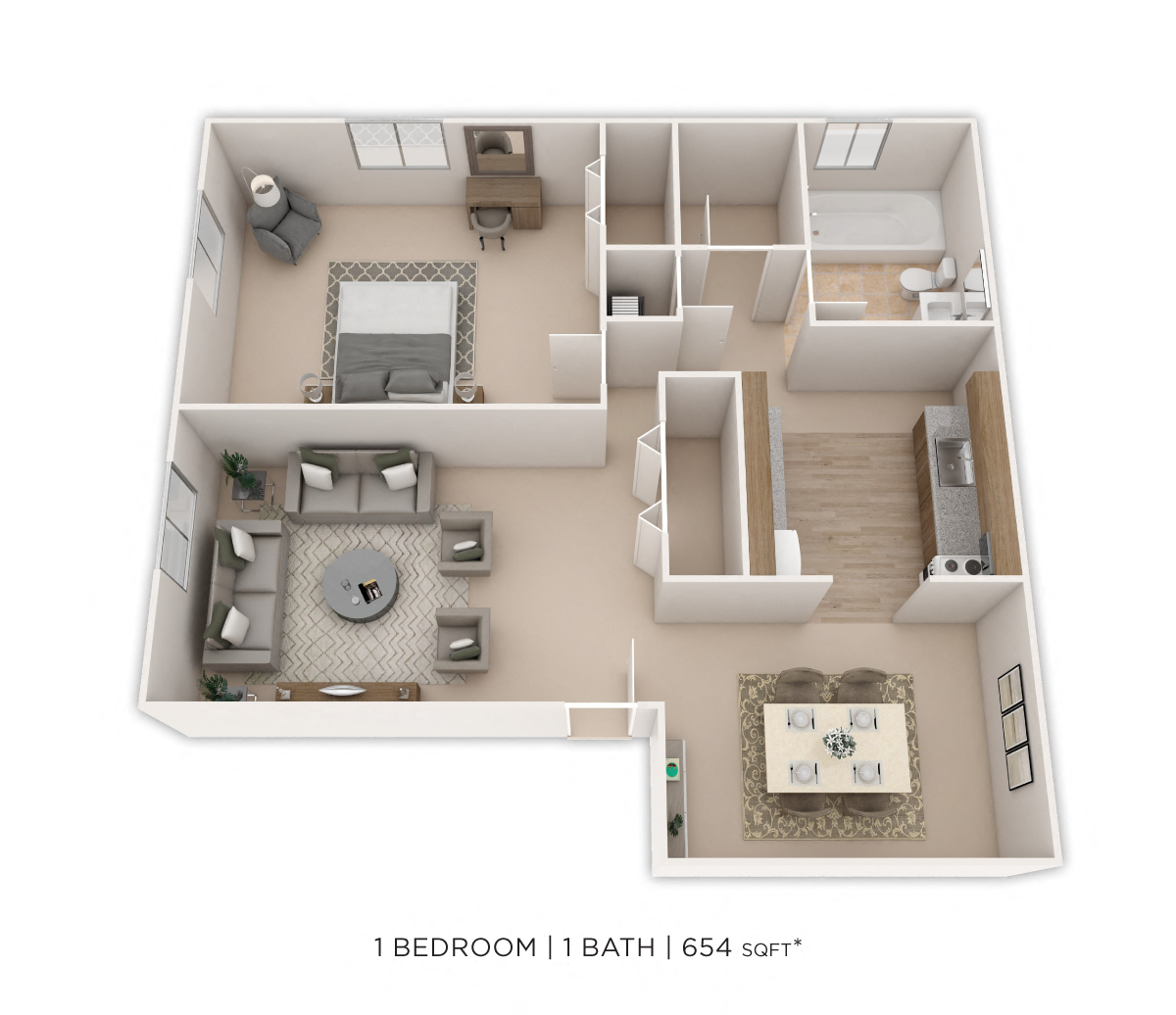 Floor plan for 1 bed, 1 bath, 654 sqft