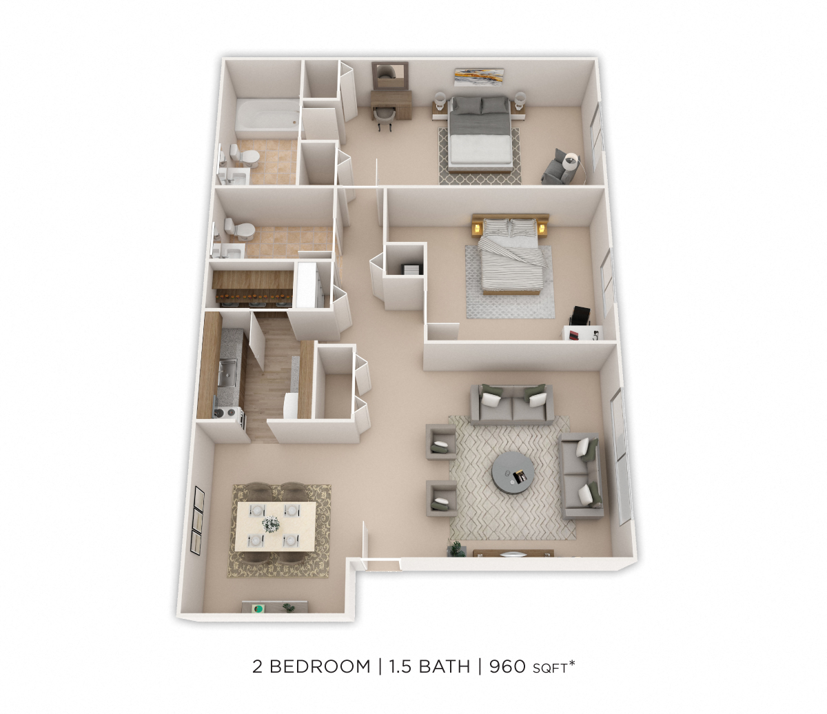 Floor plan for 2 beds, 1.5 baths, 960 sqft