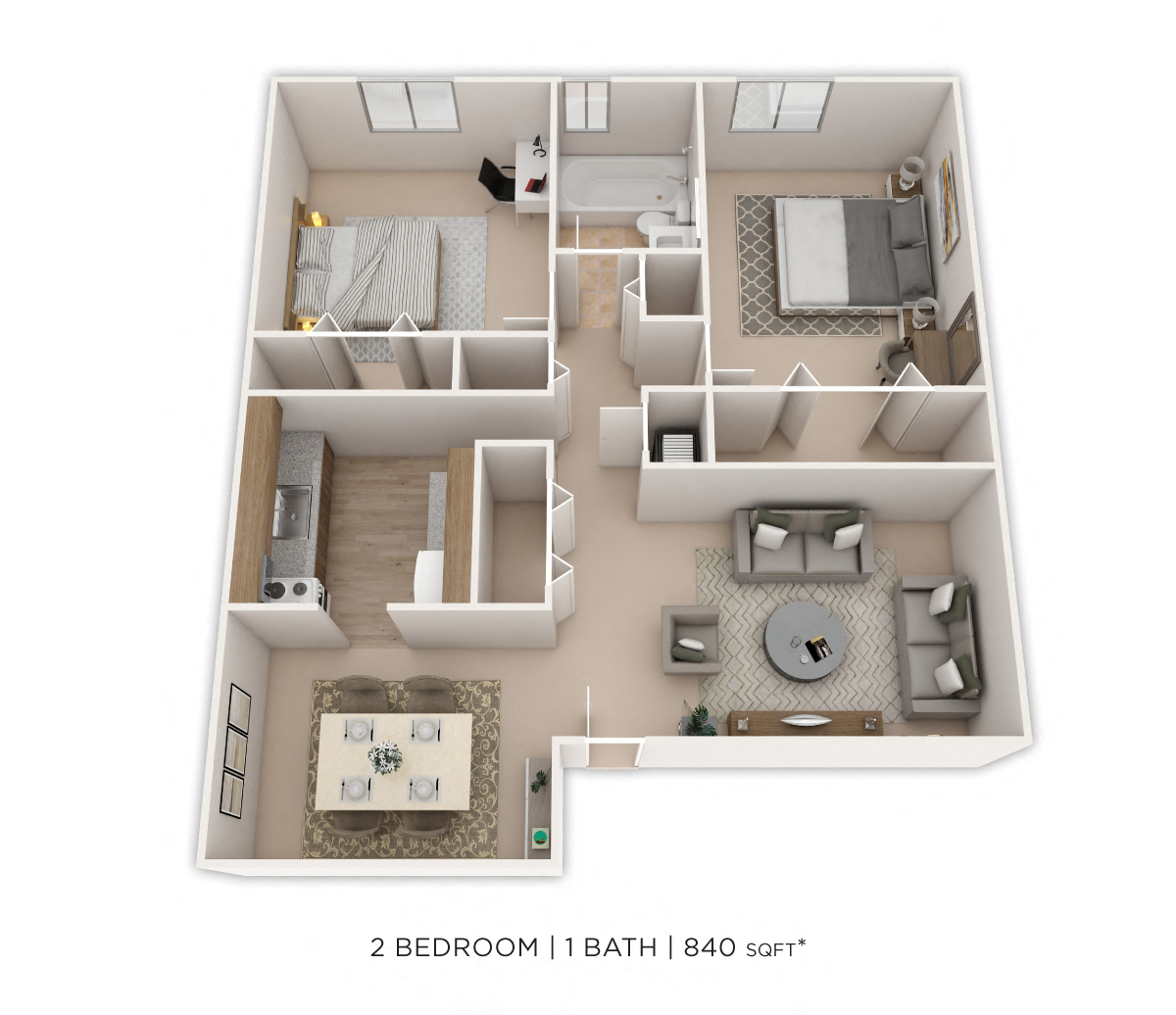 Floor plan for 2 beds, 1 bath, 840 sqft