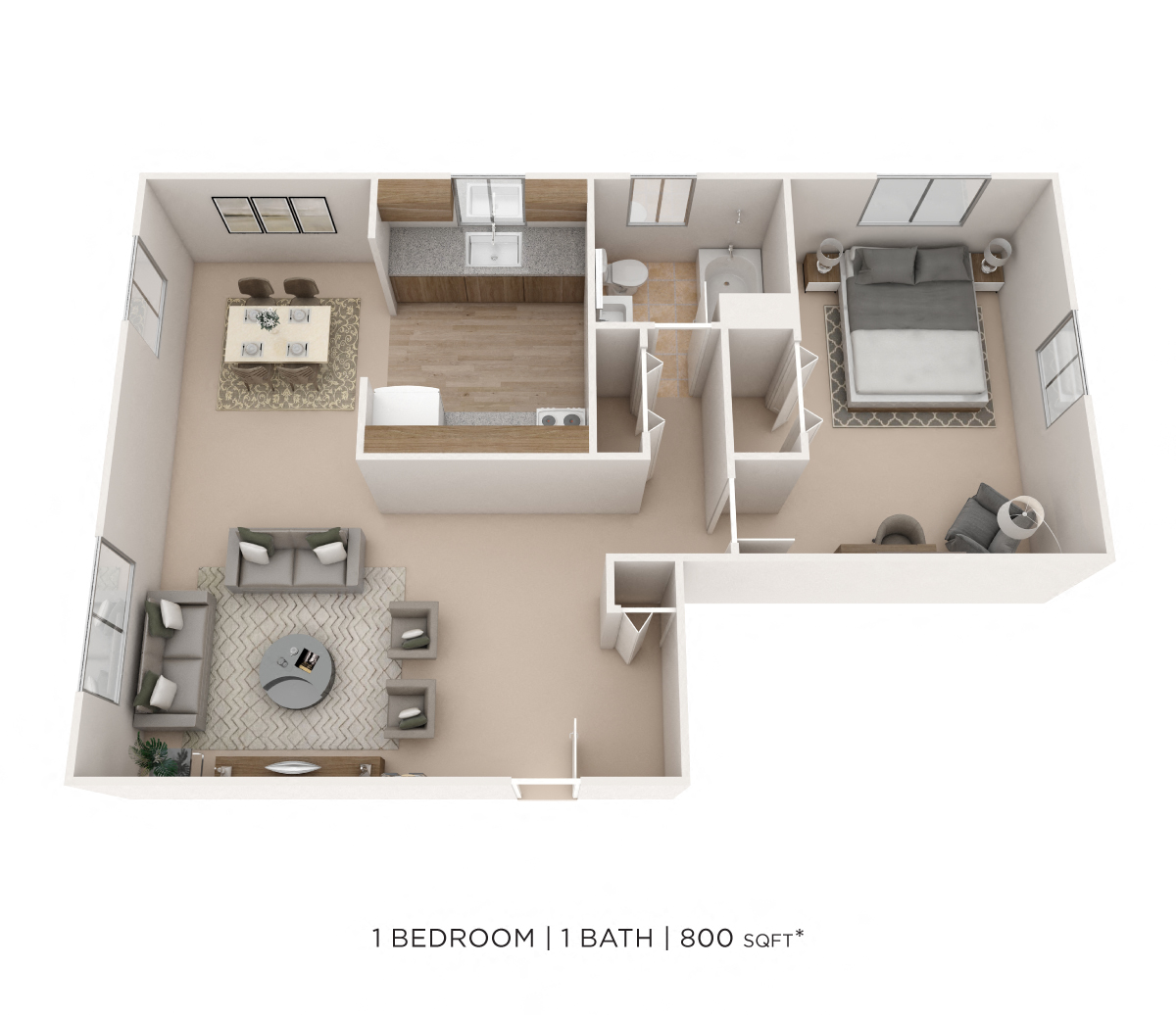 Floor plan for 1 bed, 1 bath, 800 sqft