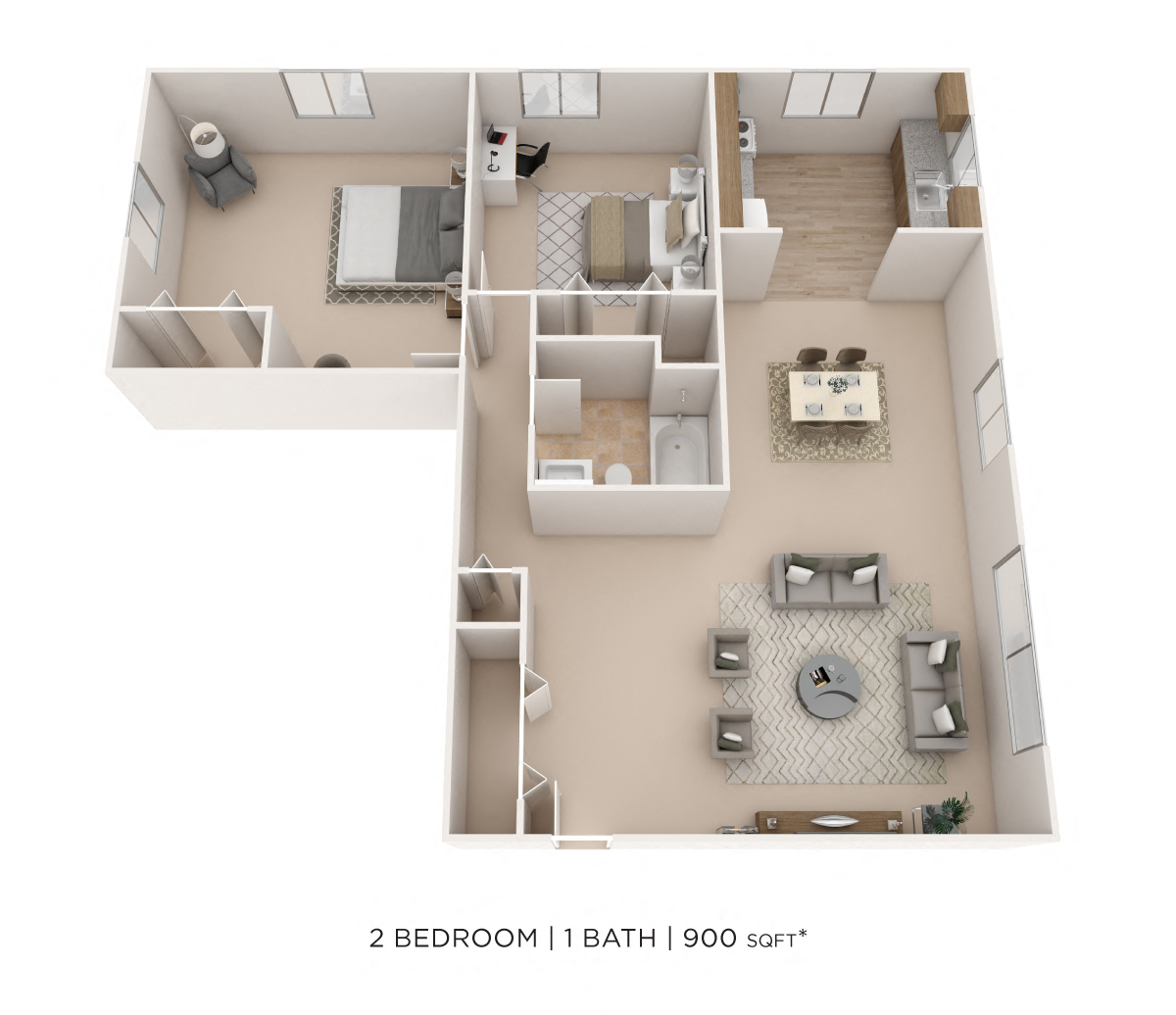 Floor plan for 2 beds, 1 bath, 900 sqft