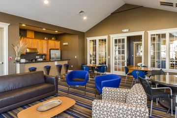 Webster apartment for rent - A living room with a brown couch and blue chairs.
