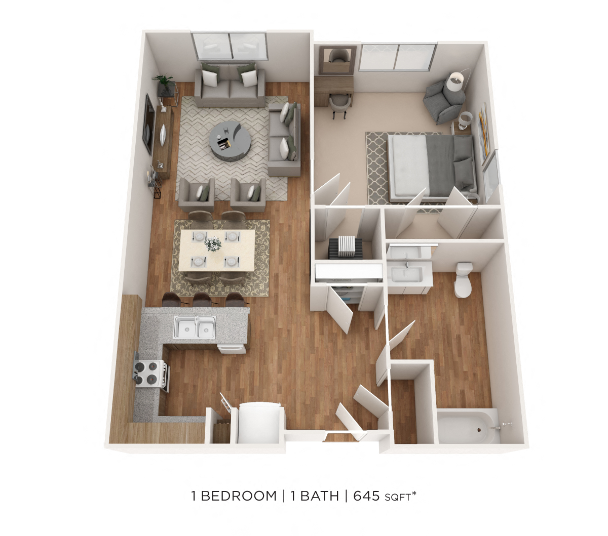 Floor plan for 1 bed, 1 bath, 645 sqft