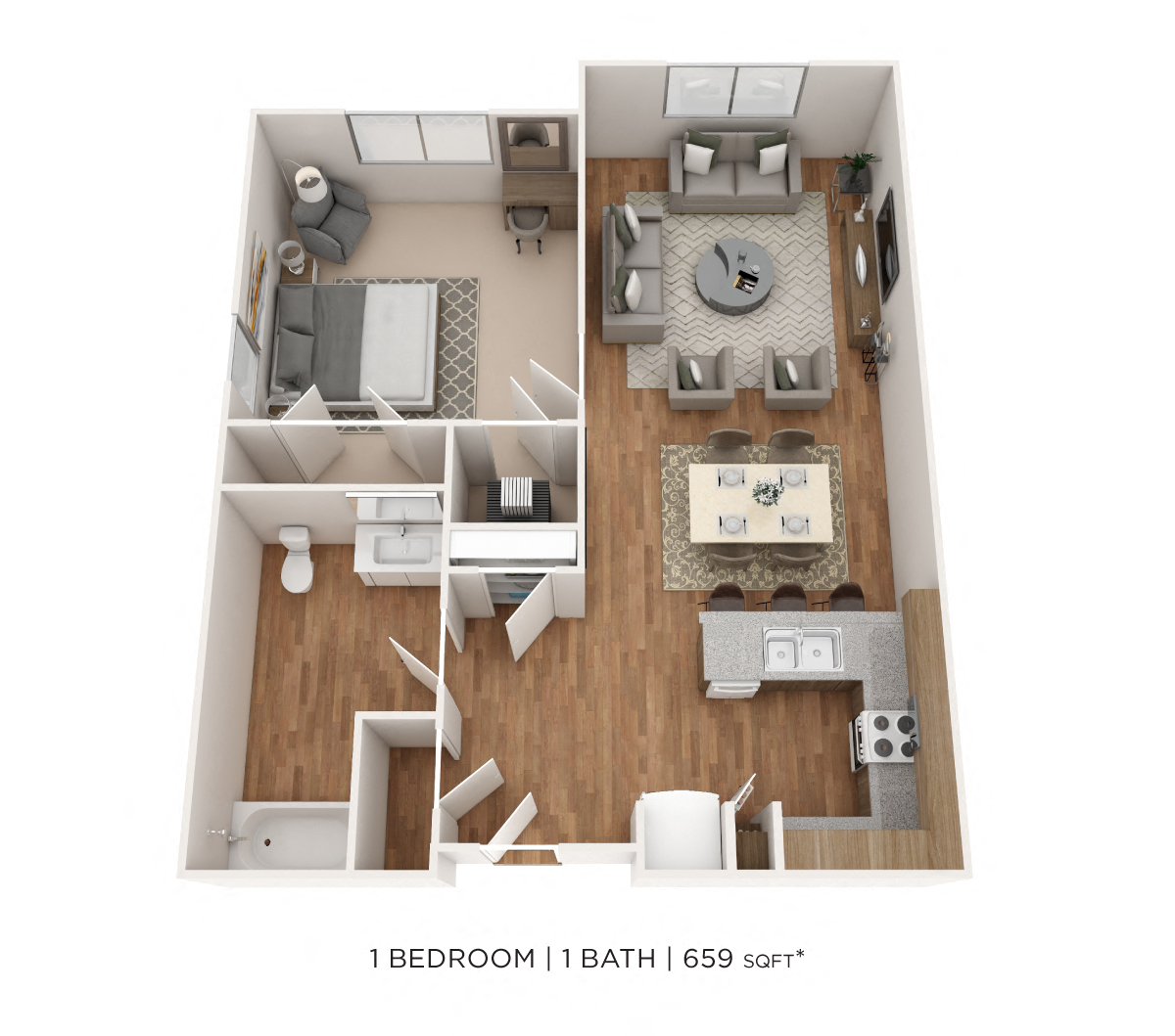 Floor plan for 1 bed, 1 bath, 659 sqft