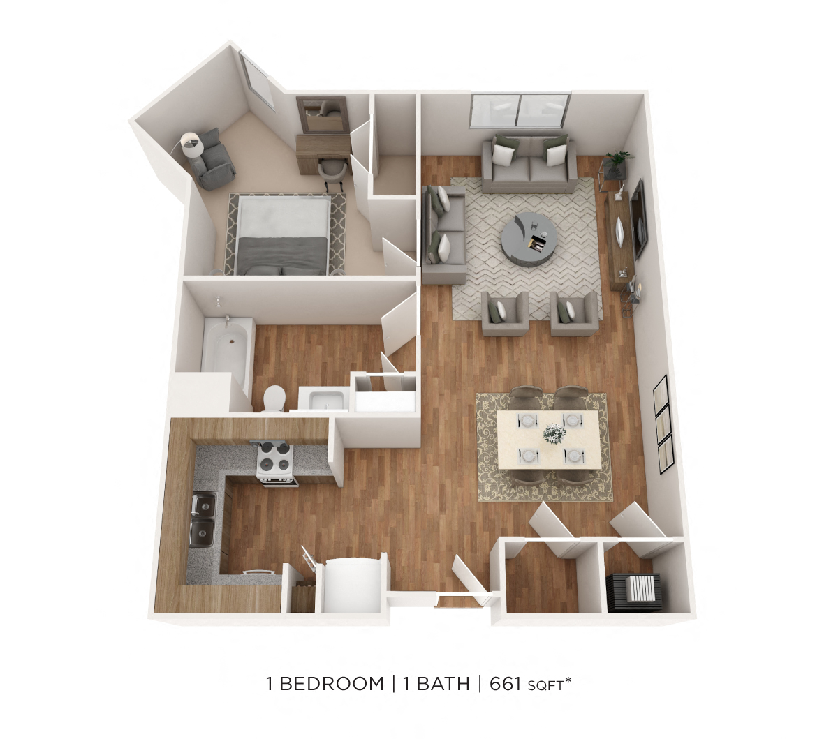 Floor plan for 1 bed, 1 bath, 661 sqft