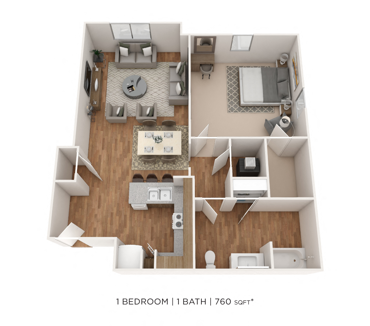 Floor plan for 1 bed, 1 bath, 760 sqft
