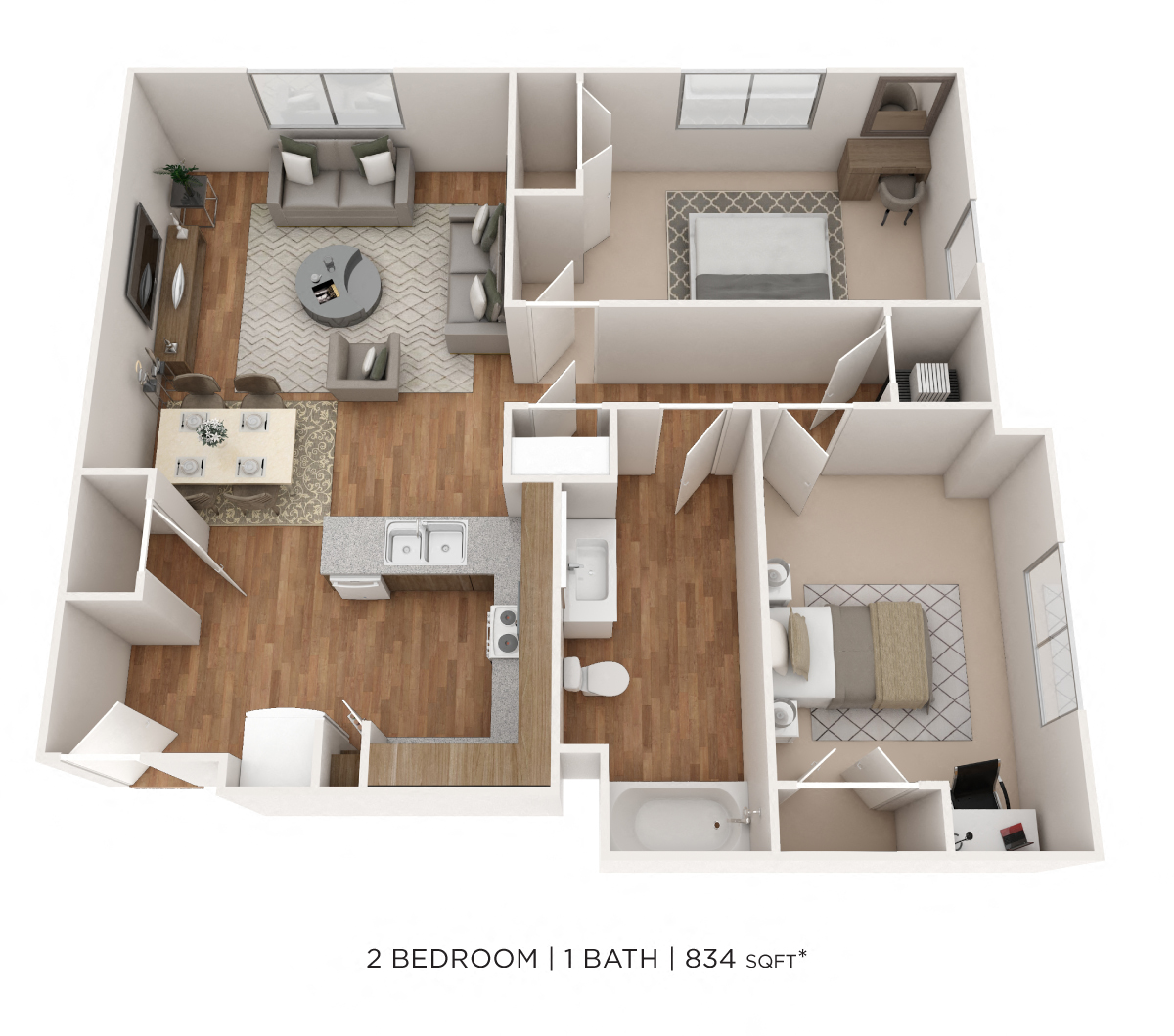 Floor plan for 2 beds, 1 bath, 834 sqft