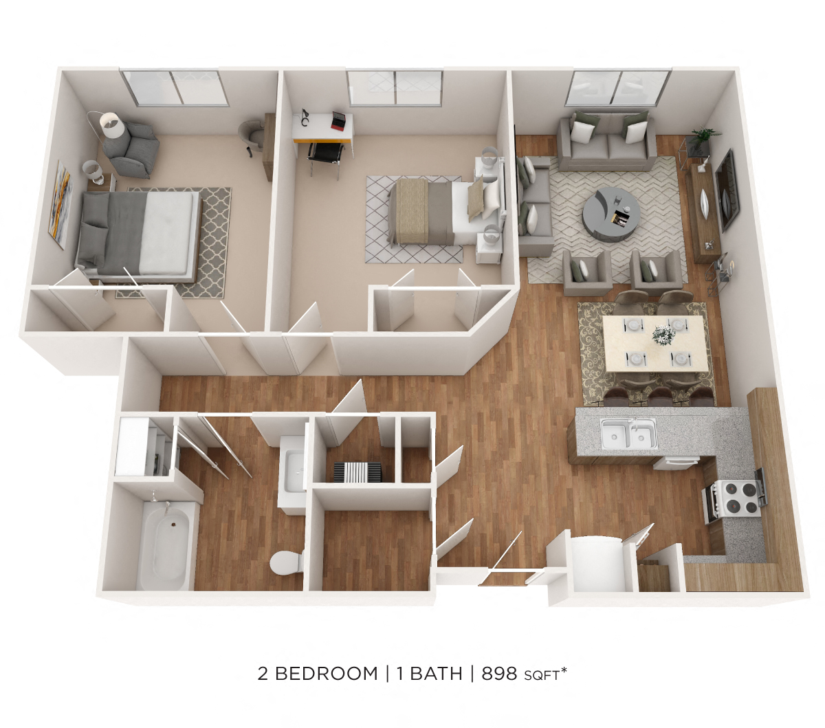 Floor plan for 2 beds, 1 bath, 898 sqft