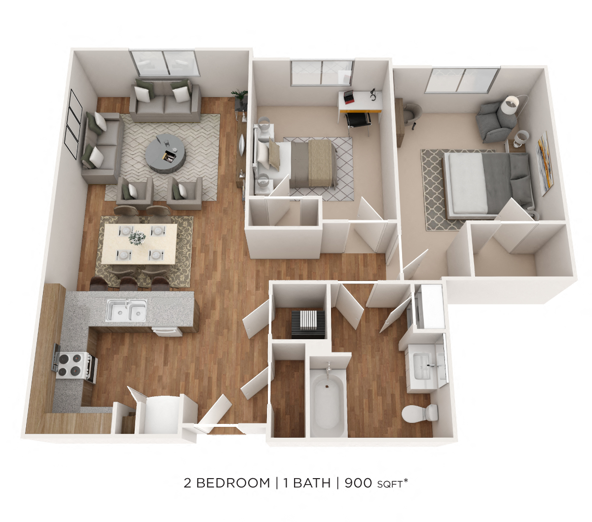 Floor plan for 2 beds, 1 bath, 900 sqft