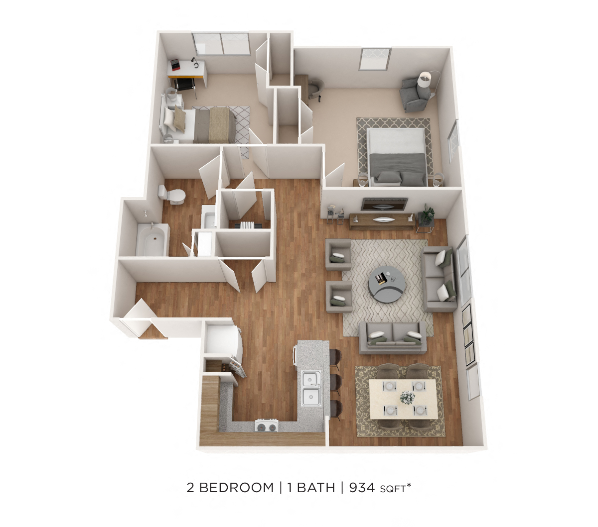 Floor plan for 2 beds, 1 bath, 934 sqft