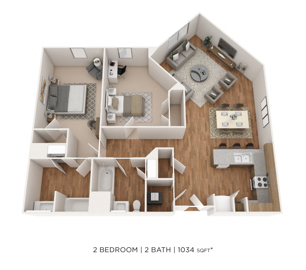 Floor plan for 2 beds, 2 baths, 1034 sqft
