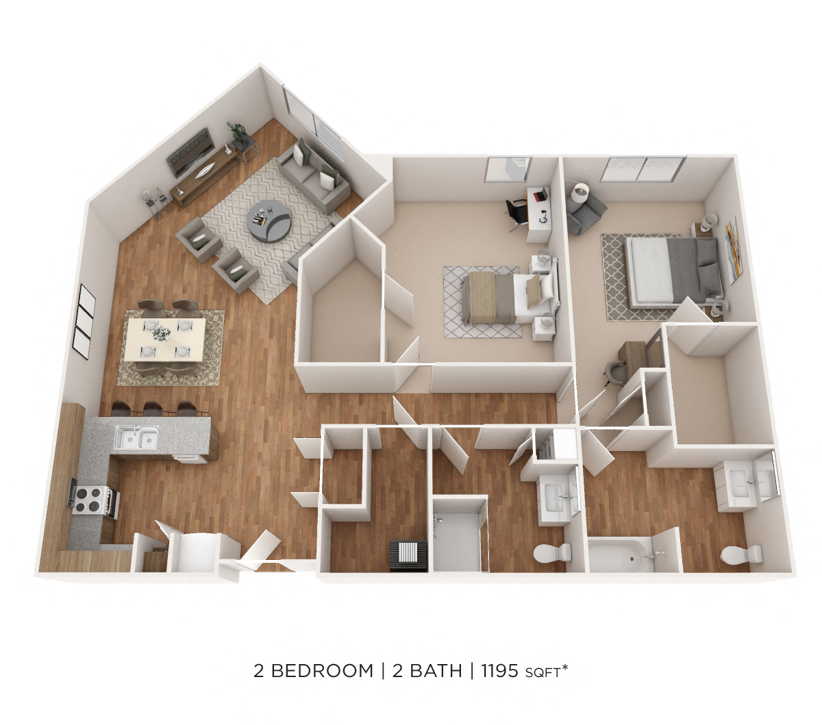 Floor plan for 2 beds, 2 baths, 1195 sqft
