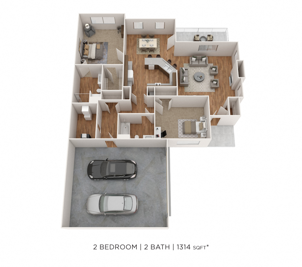 Floor plan for 2 beds, 2 baths, 1314 sqft
