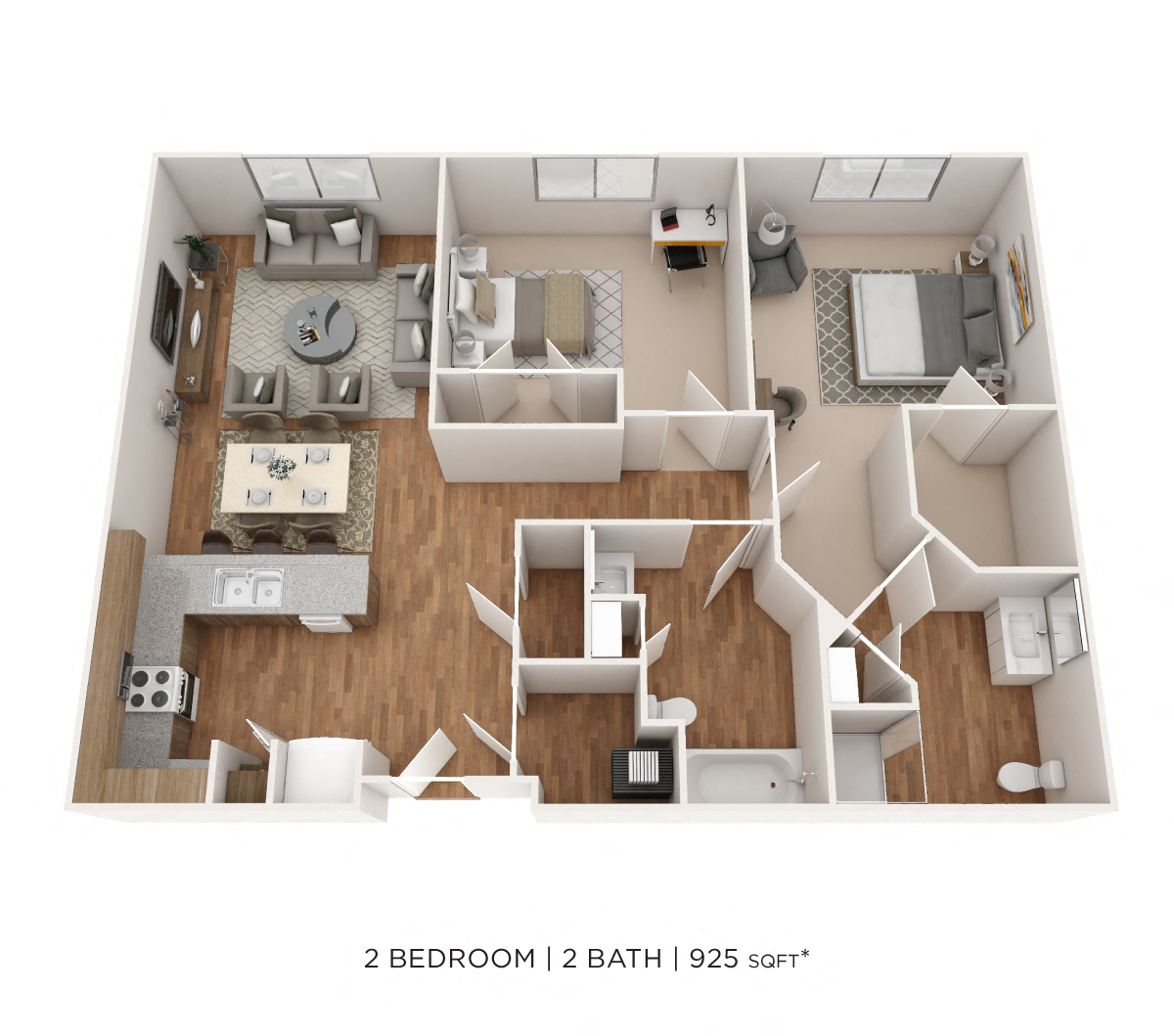 Floor plan for 2 beds, 2 baths, 925 sqft