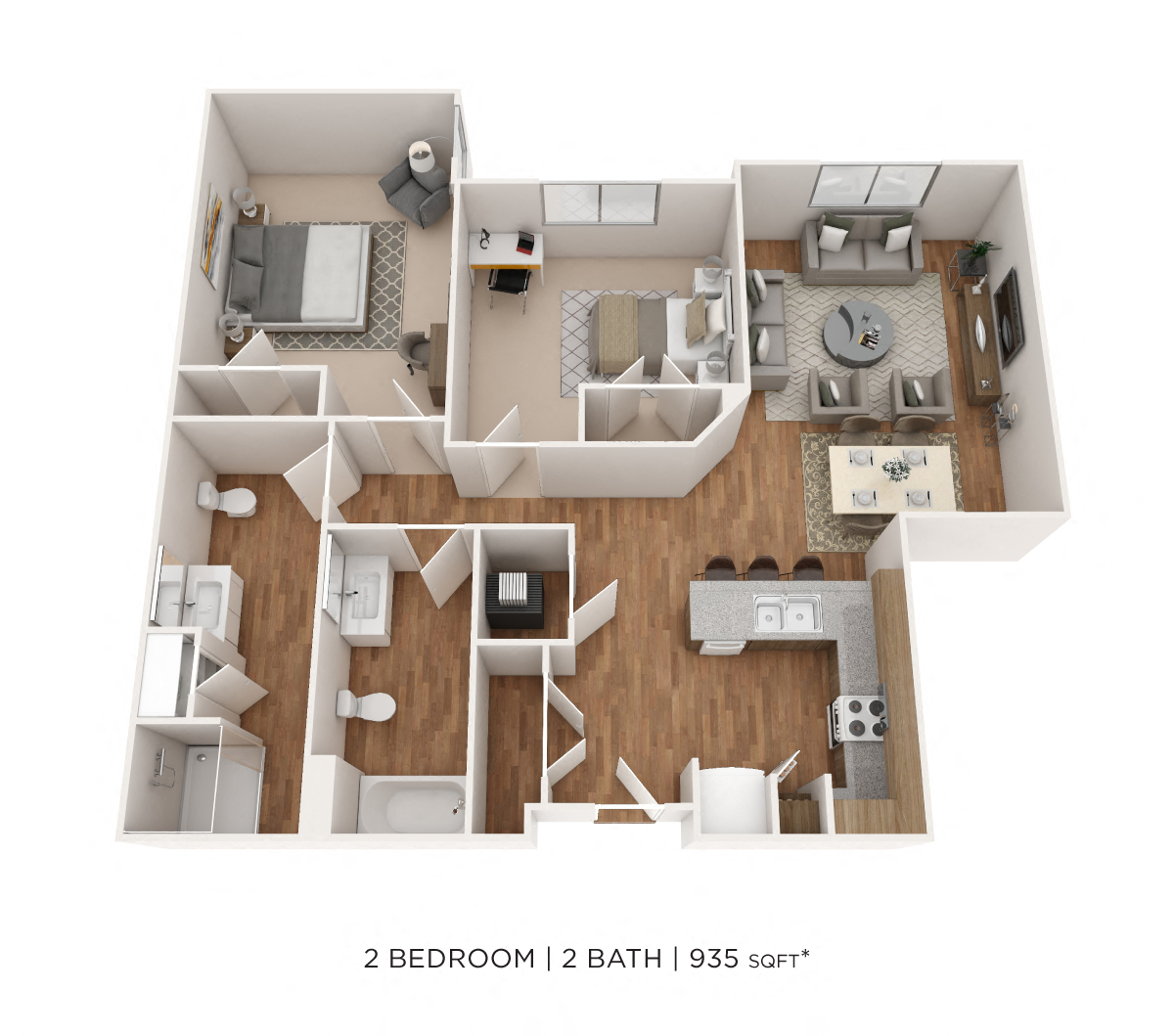 Floor plan for 2 beds, 2 baths, 935 sqft
