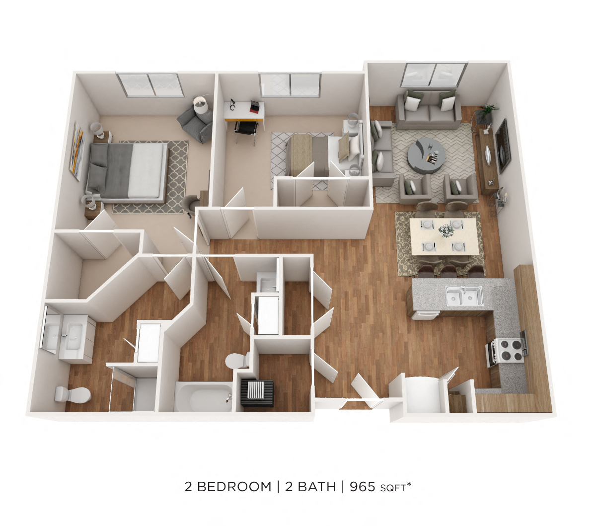 Floor plan for 2 beds, 2 baths, 965 sqft
