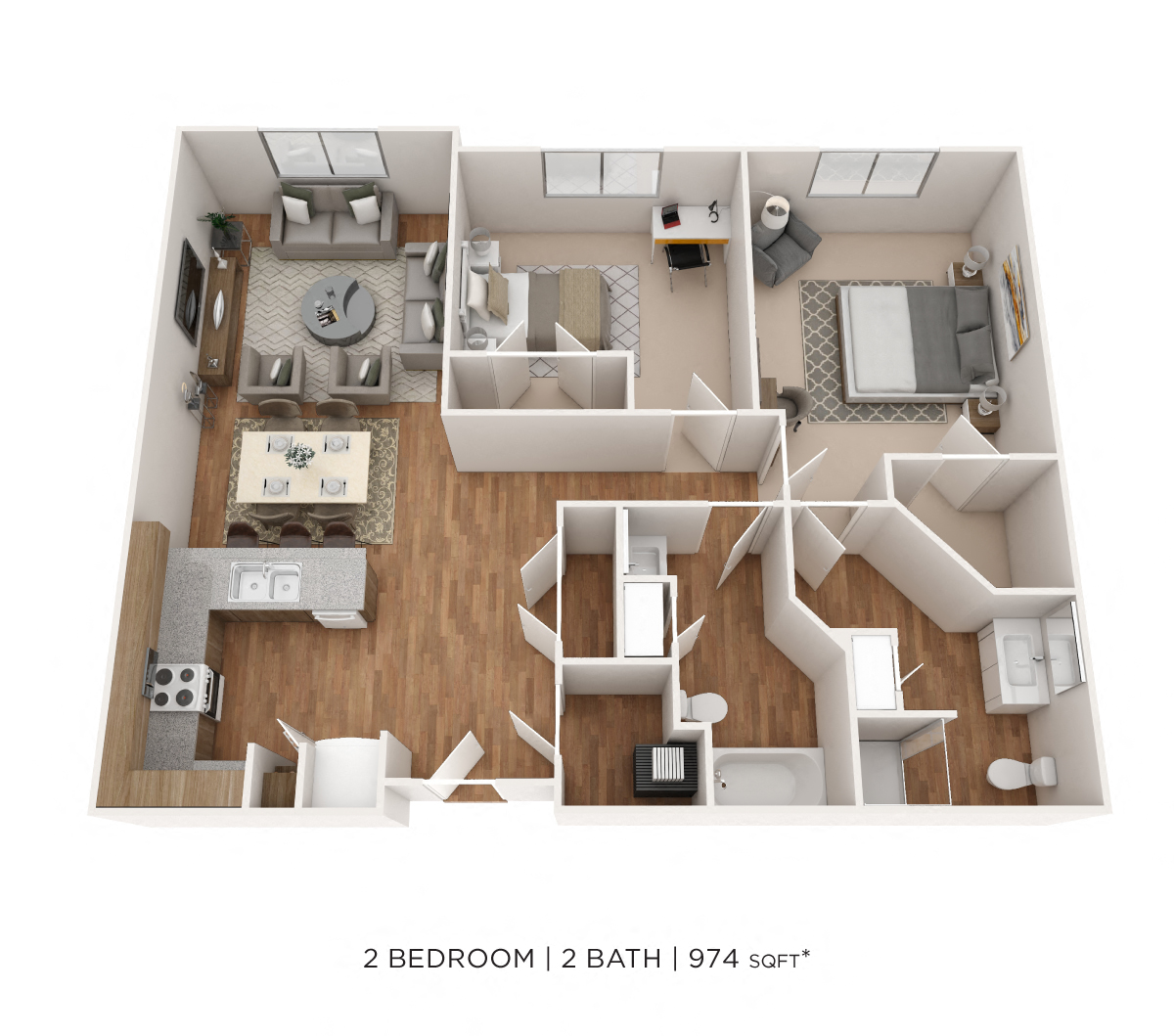 Floor plan for 2 beds, 2 baths, 974 sqft