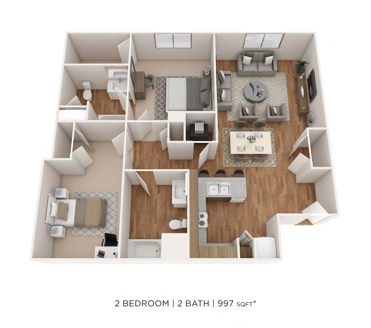 Floor plan for 2 beds, 2 baths, 997 sqft