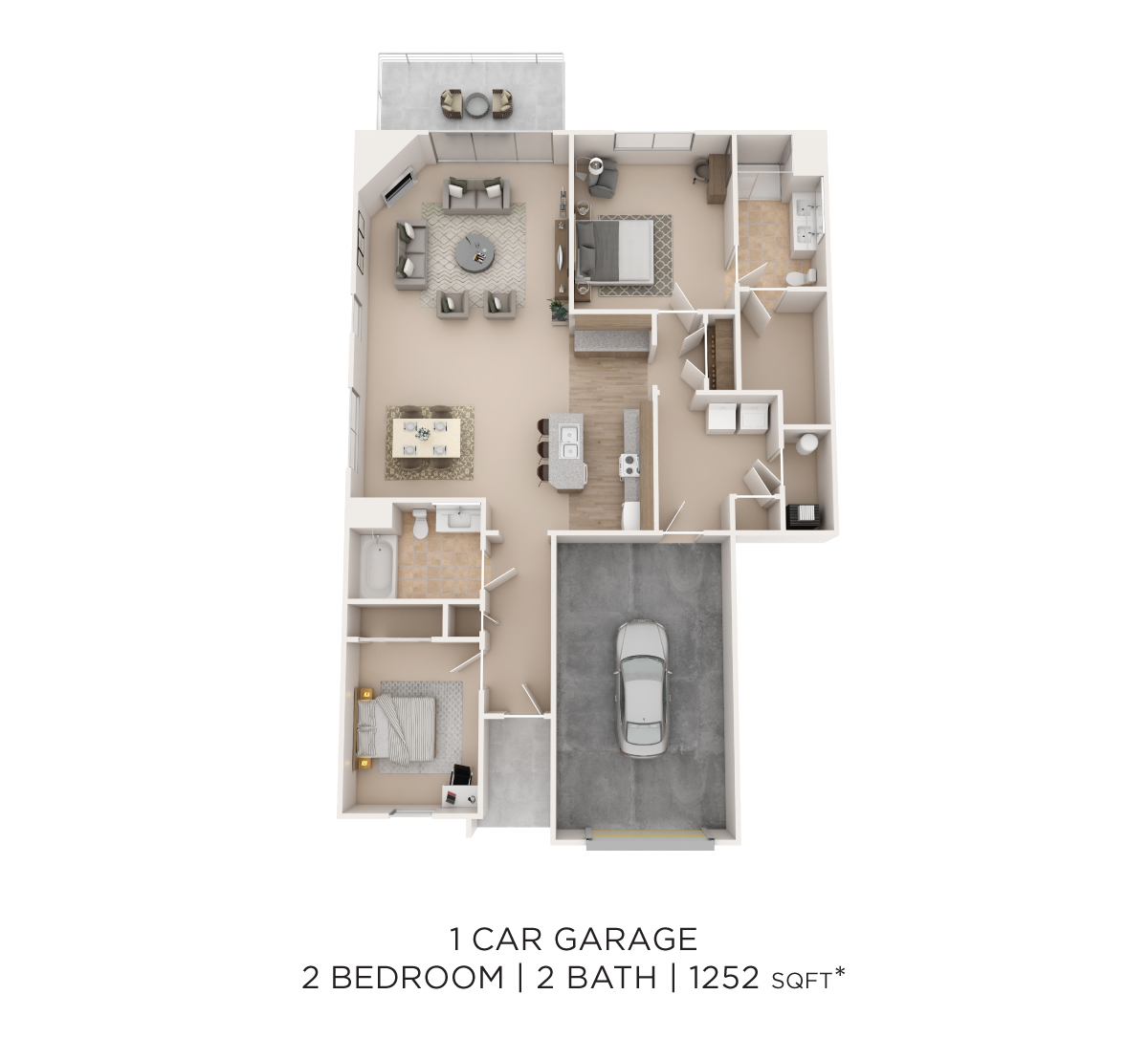 Floor plan for 2 beds, 2 baths, 1252 sqft
