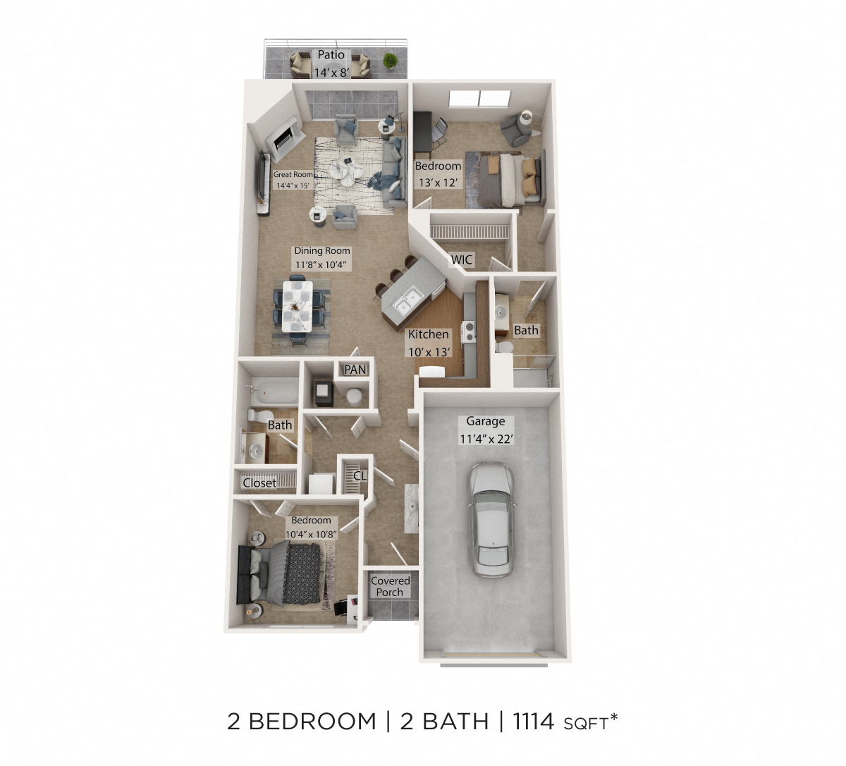 Floor plan for 2 beds, 2 baths, 1114 sqft