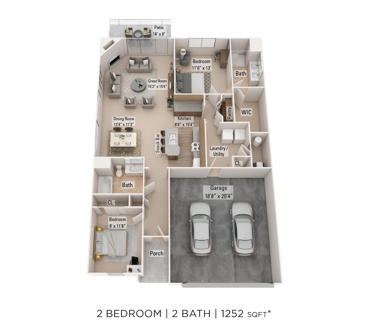 Floor plan for 2 beds, 2 baths, 1252 sqft