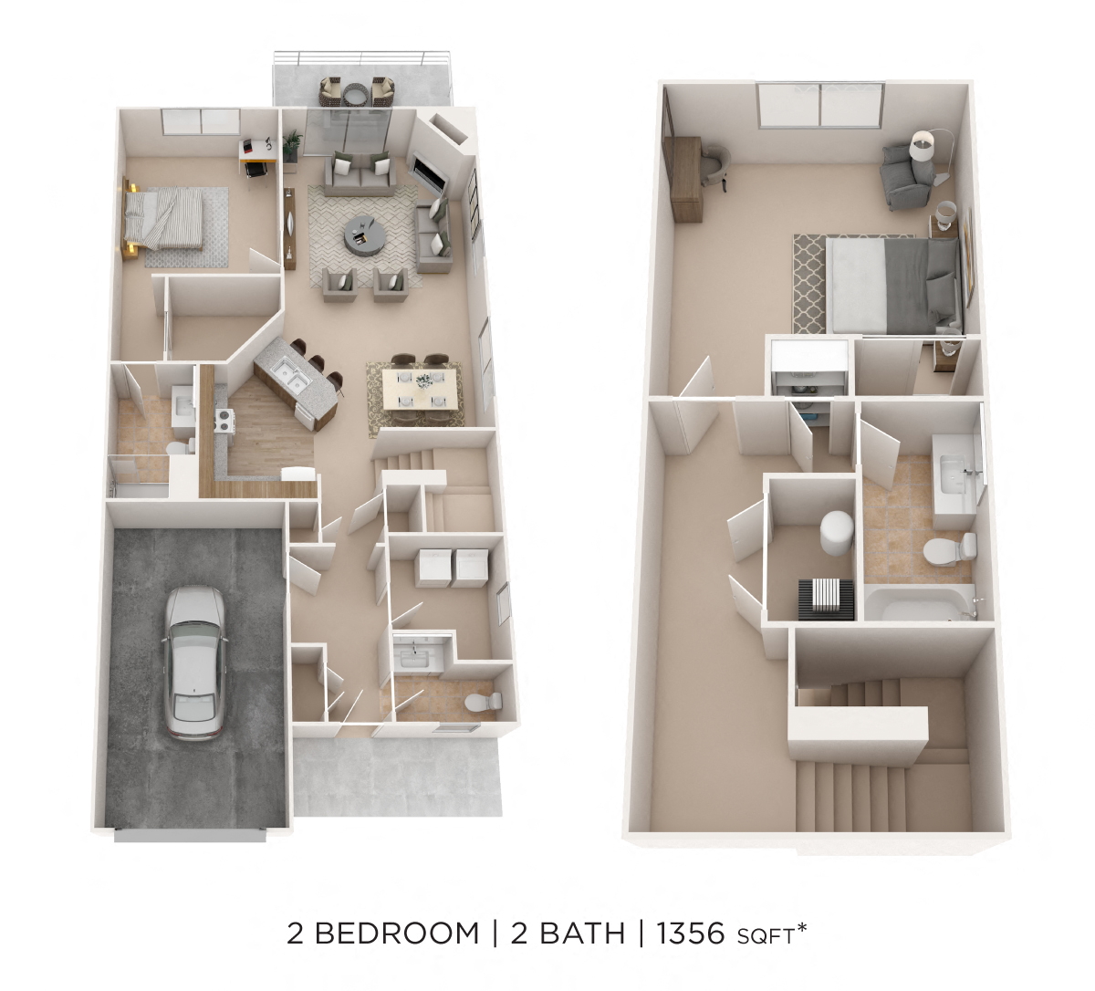 Floor plan for 2 beds, 2.5 baths, 1356 sqft