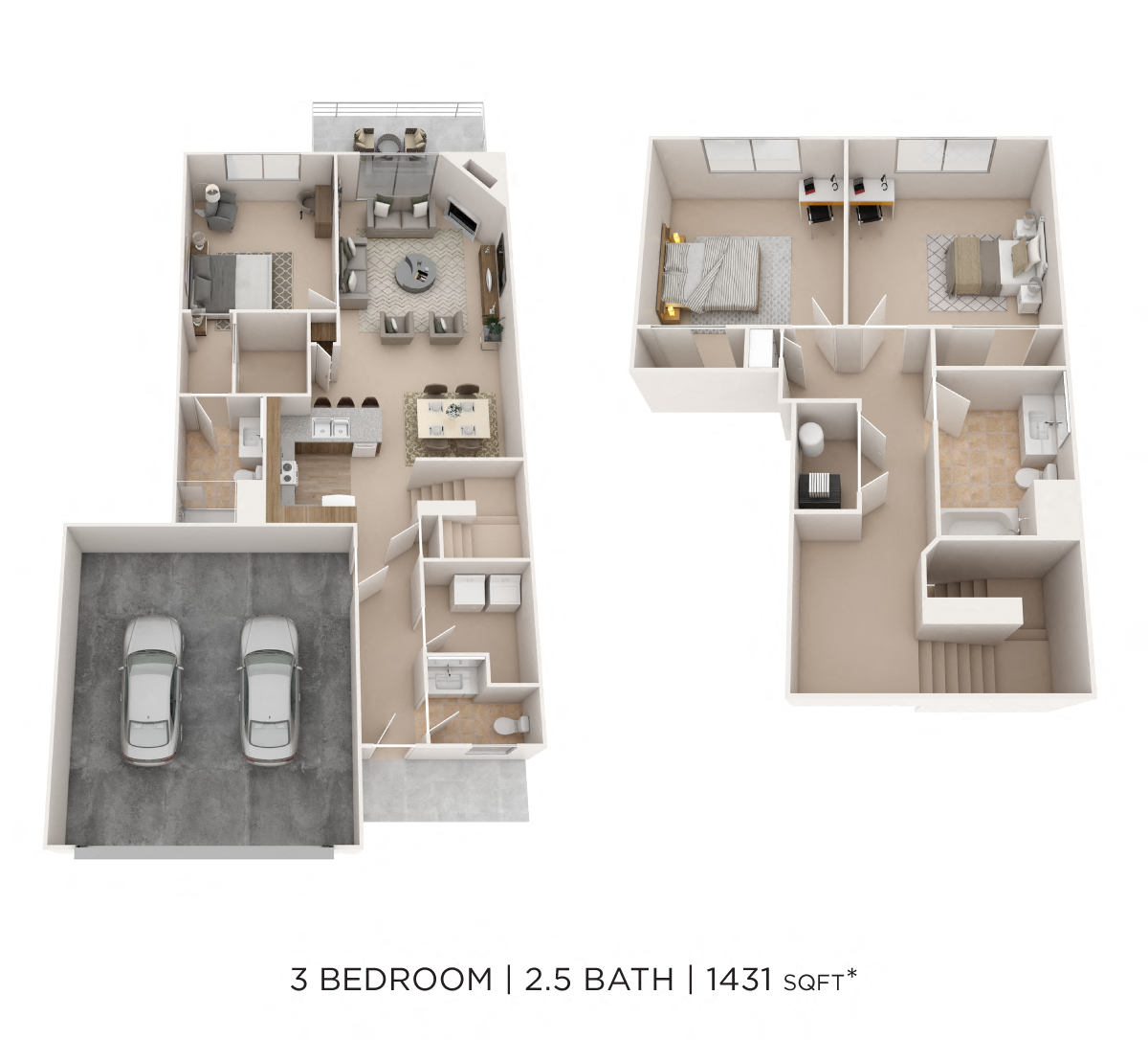 Floor plan for 3 beds, 2.5 baths, 1431 sqft