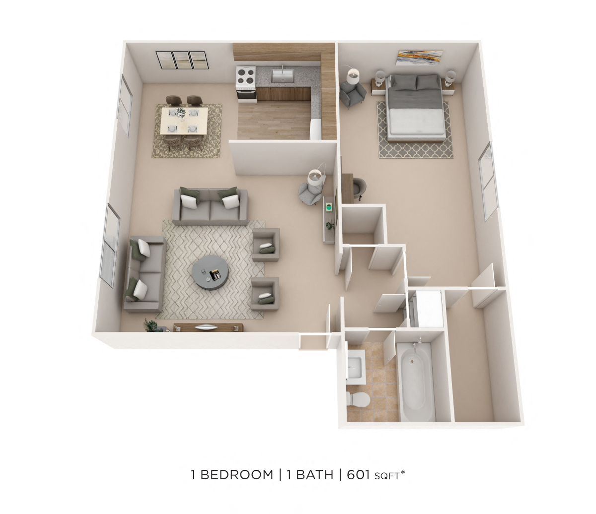 Floor plan for 1 bed, 1 bath, 601 sqft