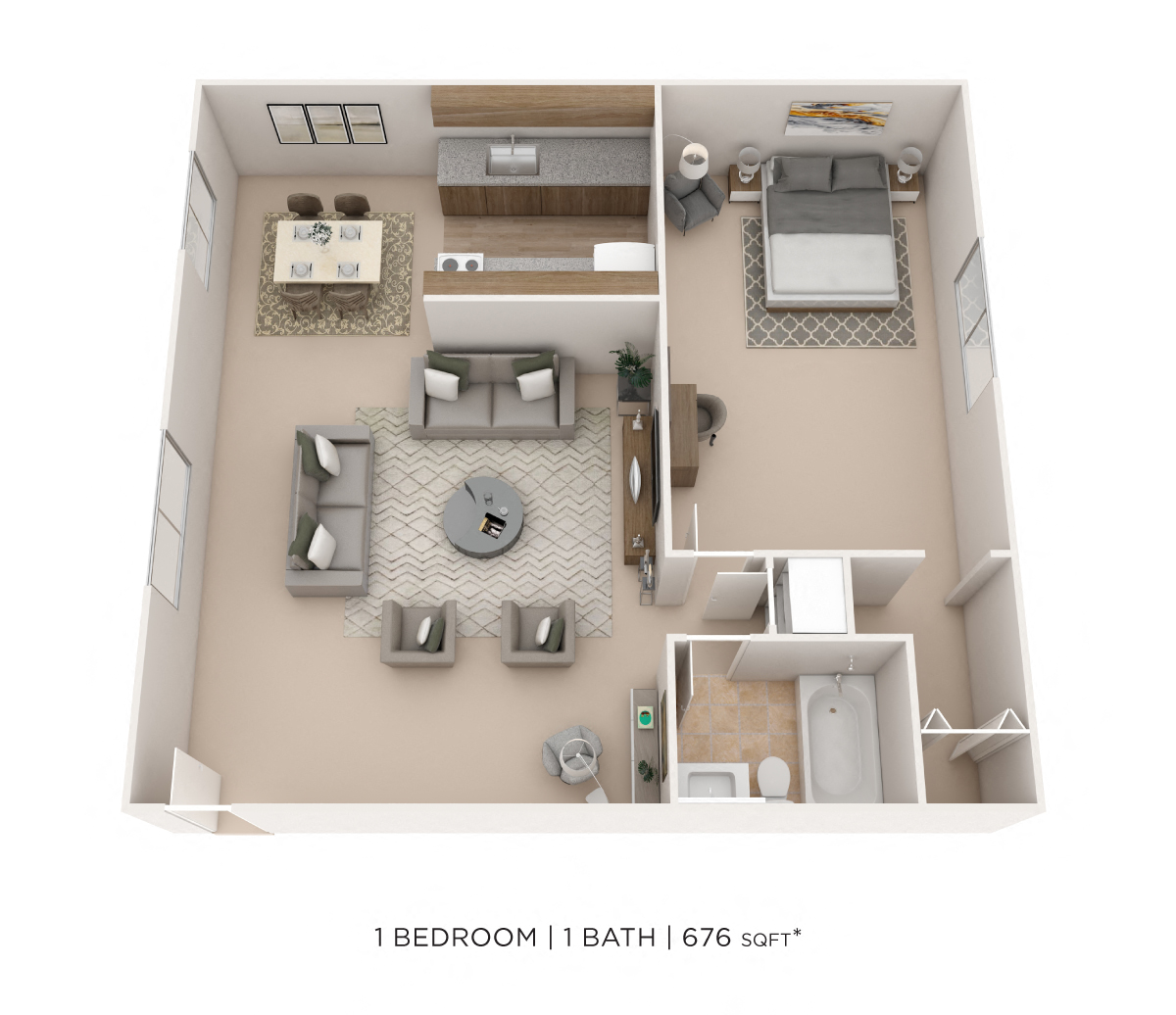 Floor plan for 1 bed, 1 bath, 676 sqft