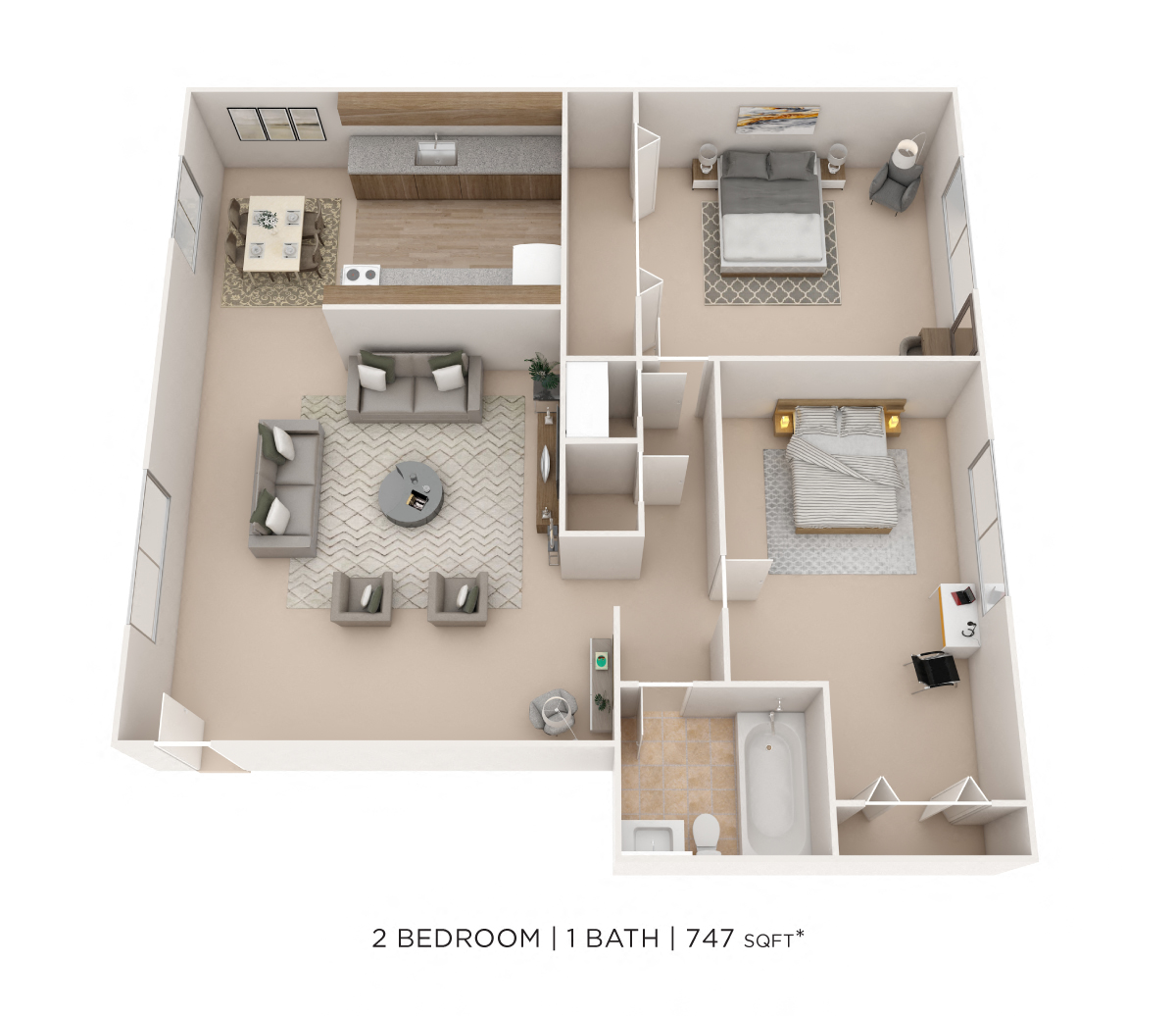 Floor plan for 2 beds, 1 bath, 747 sqft