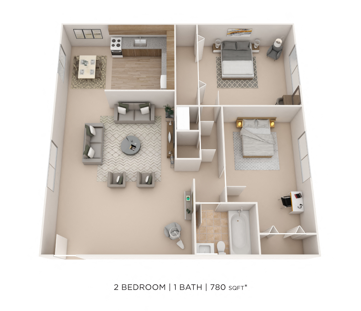 Floor plan for 2 beds, 1 bath, 780 sqft