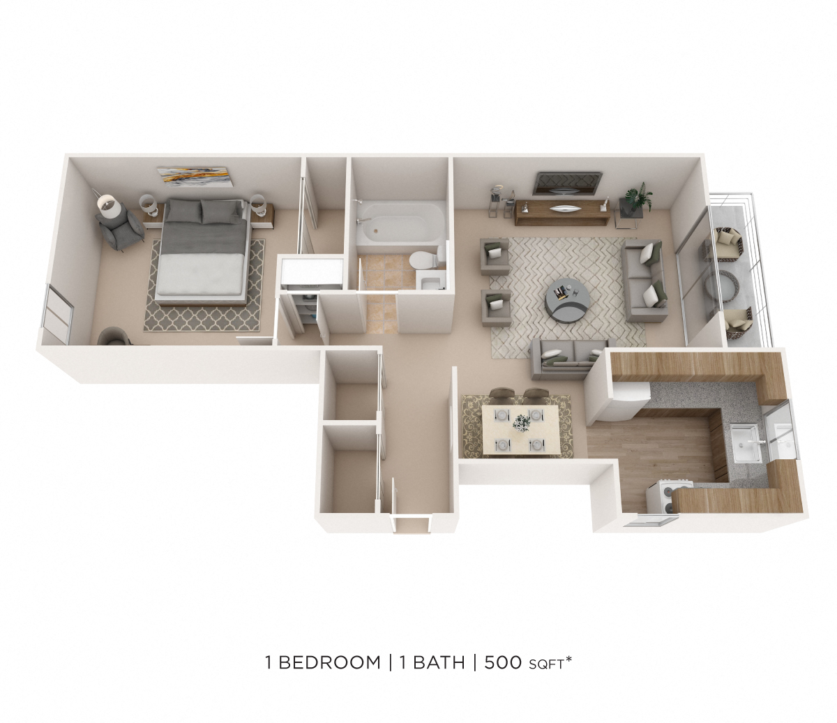 Floor plan for 1 bed, 1 bath, 500 sqft