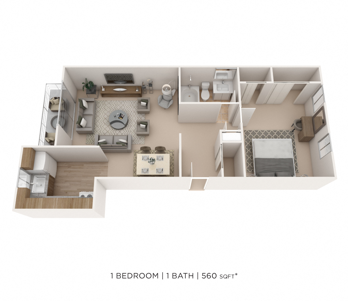 Floor plan for 1 bed, 1 bath, 560 sqft