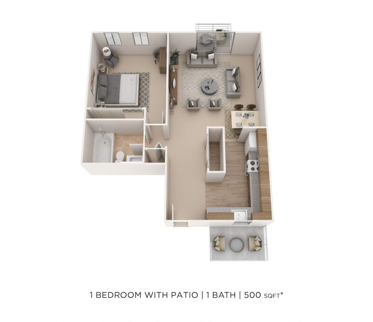 Floor plan for 1 bed, 1 bath, 500 sqft