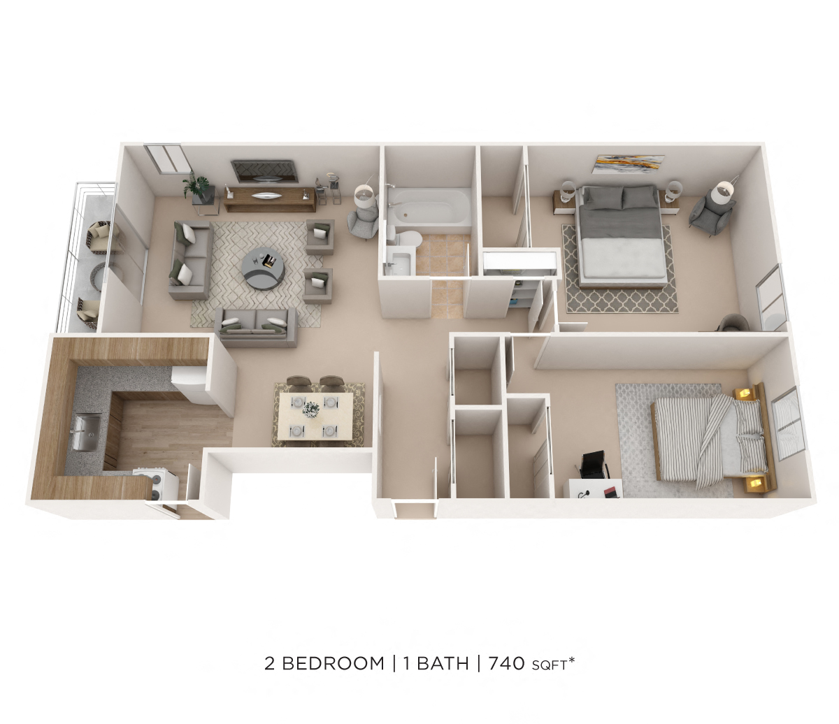 Floor plan for 2 beds, 1 bath, 740 sqft