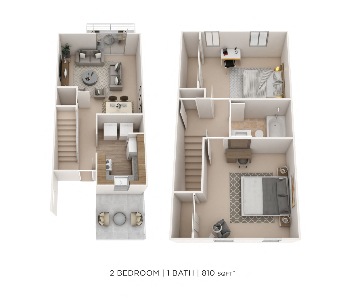 Floor plan for 2 beds, 1 bath, 810 sqft
