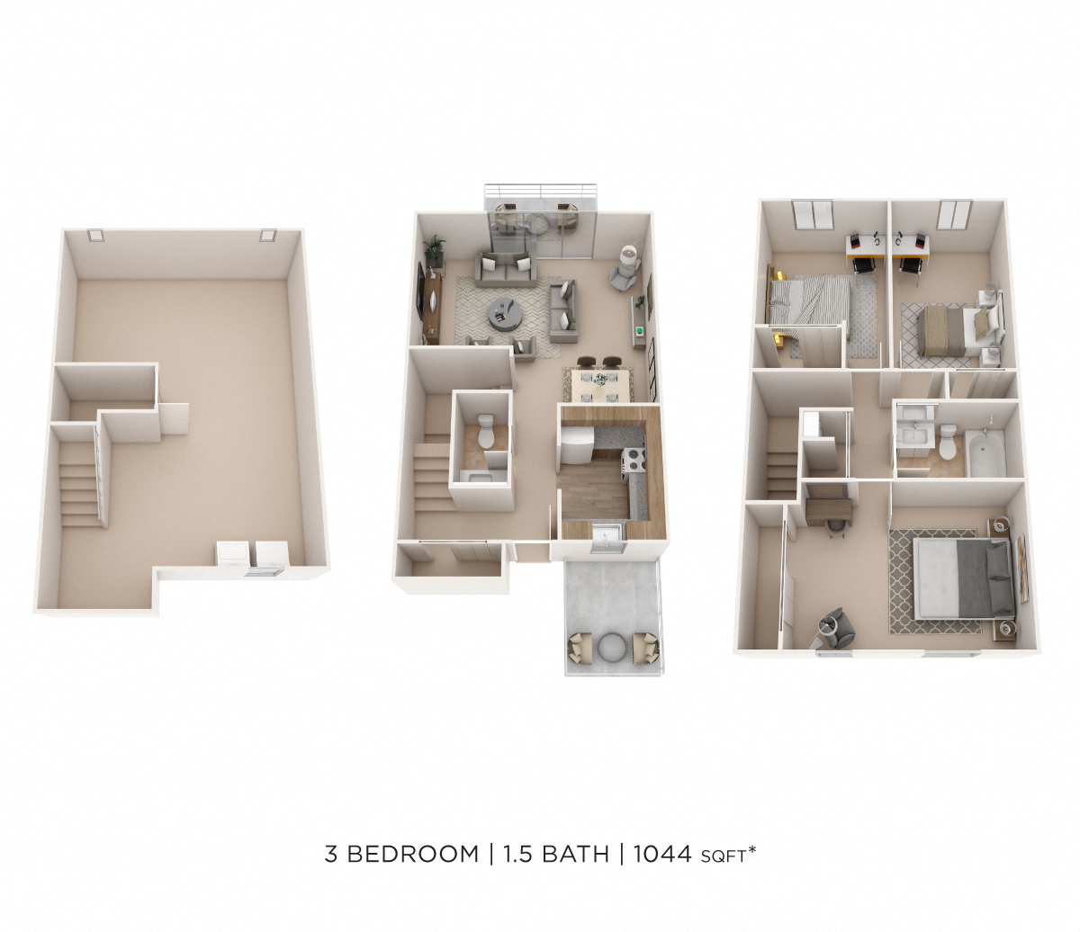 Floor plan for 3 beds, 1.5 baths, 1044 sqft