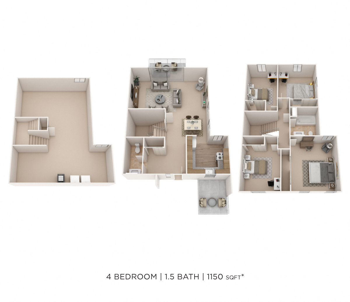 Floor plan for 4 beds, 1.5 baths, 1150 sqft