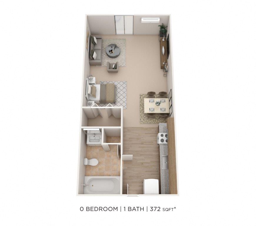 Floor plan for studio, 1 bath, 372 sqft