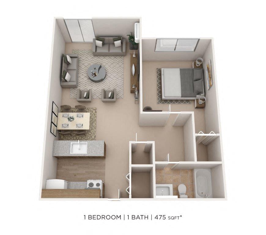Floor plan for 1 bed, 1 bath, 475 sqft