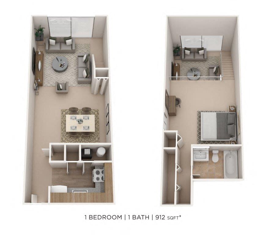 Floor plan for 1 bed, 1 bath, 912 sqft
