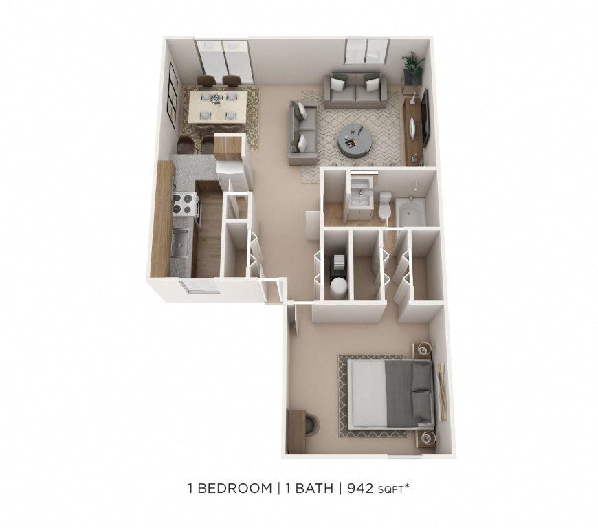 Floor plan for 1 bed, 1 bath, 942 sqft