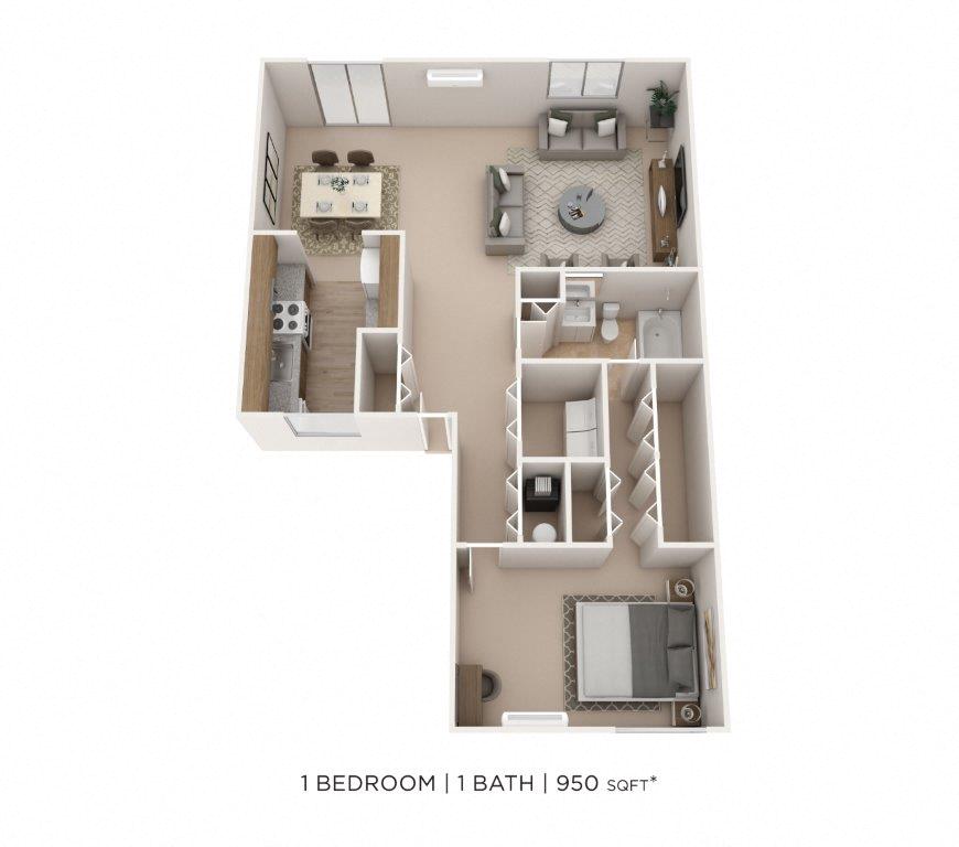 Floor plan for 1 bed, 1 bath, 950 sqft