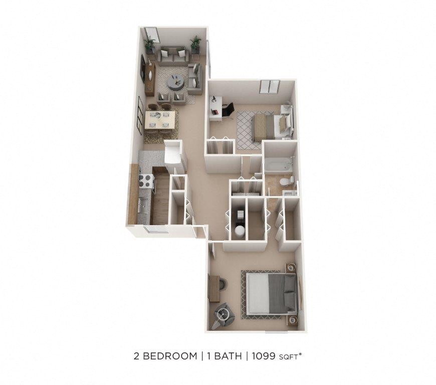 Floor plan for 2 beds, 1 bath, 1099 sqft