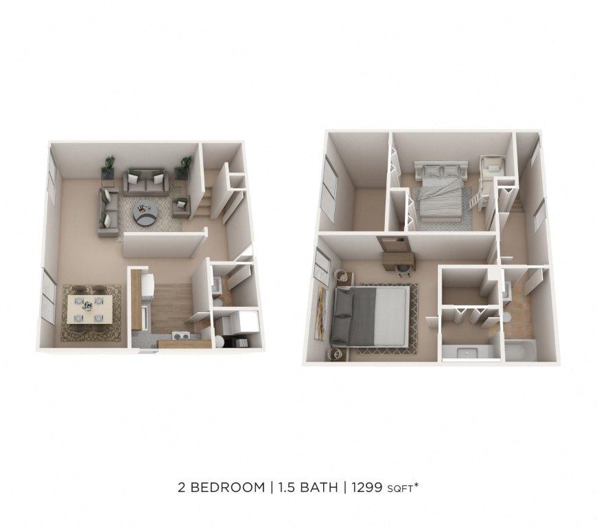 Floor plan for 2 beds, 1.5 baths, 1299 sqft